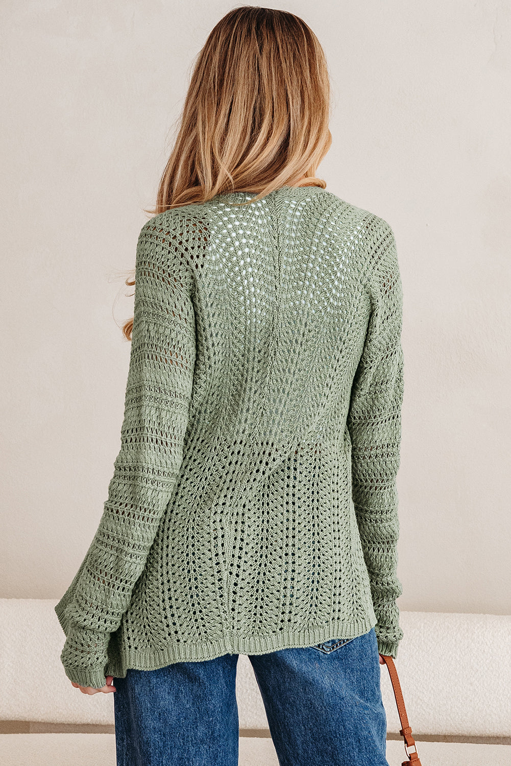 Scalloped Edge Eyelet Knit Batwing Sleeve Cardigan