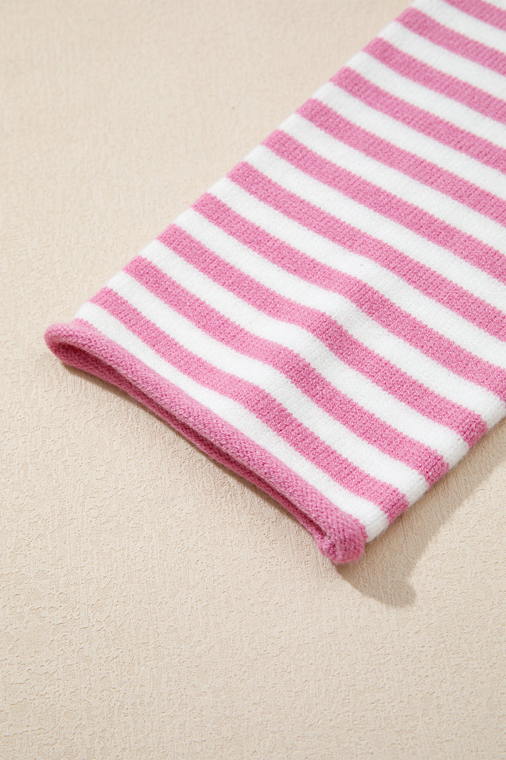 Pink Stripe Striped Button Placket Drop Shoulder Long Sleeve Sweater