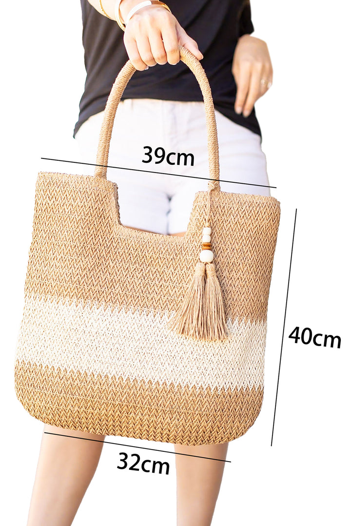 Color Block Straw Woven Tassel Decor Tote Bag