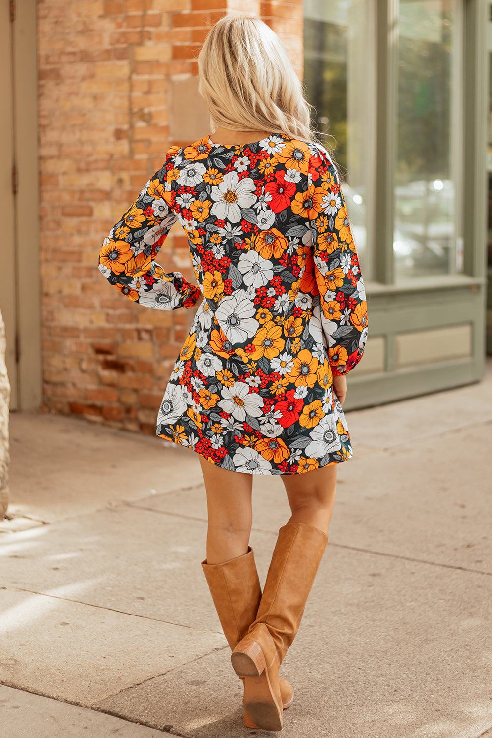 Floral Print Striped Lace V Neck Long Sleeve Mini Dress