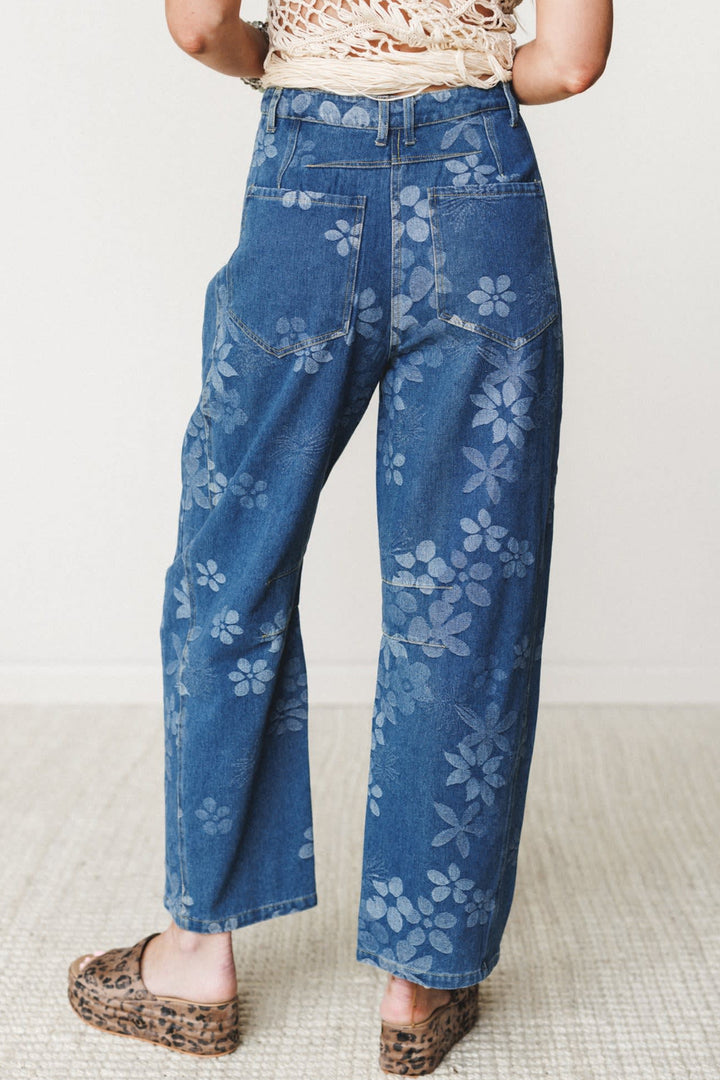 Blue Floral Print Ankle Length Casual Pocket Jeans