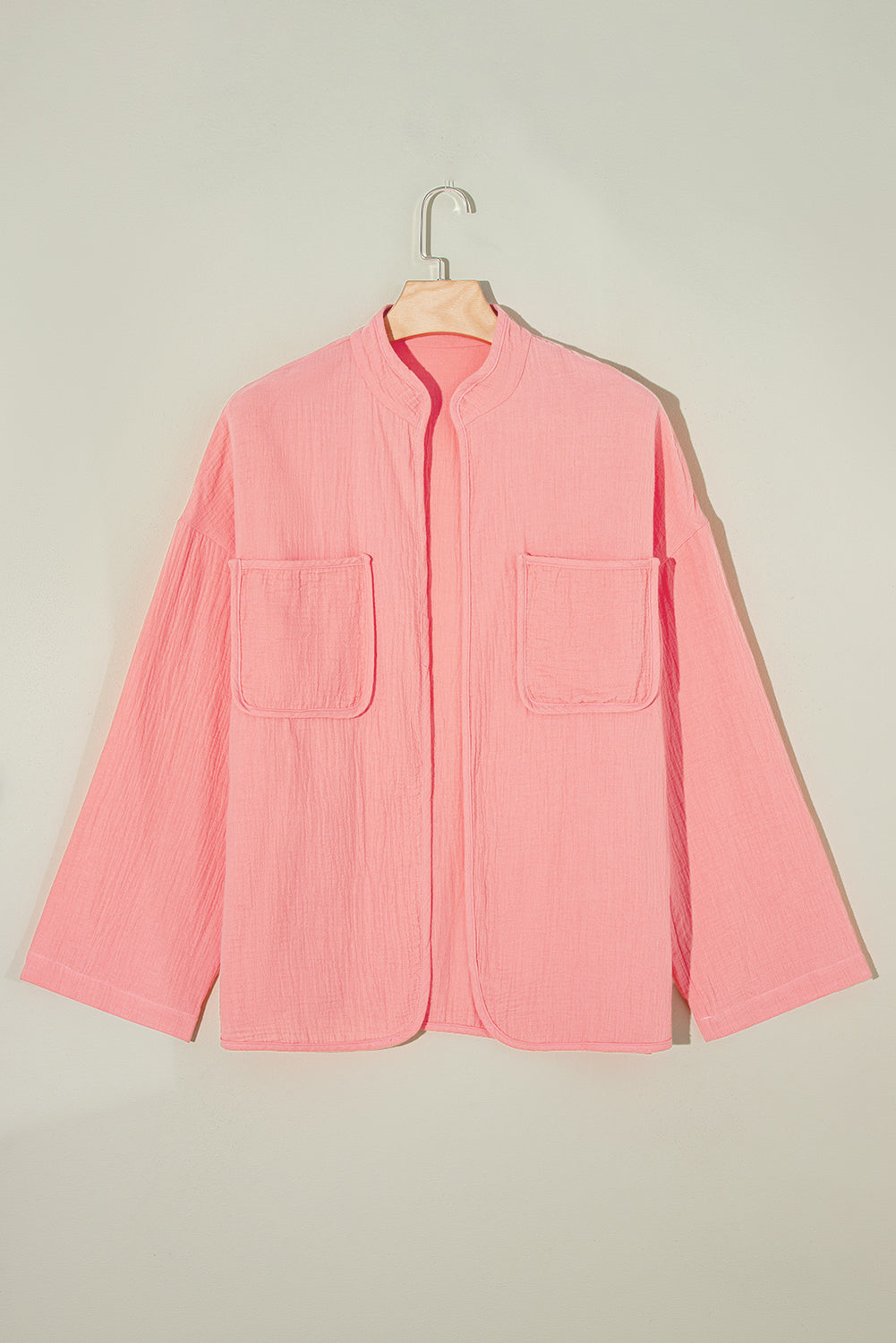Plus Size Solid Color Chest Pockets Crinkled Blouse