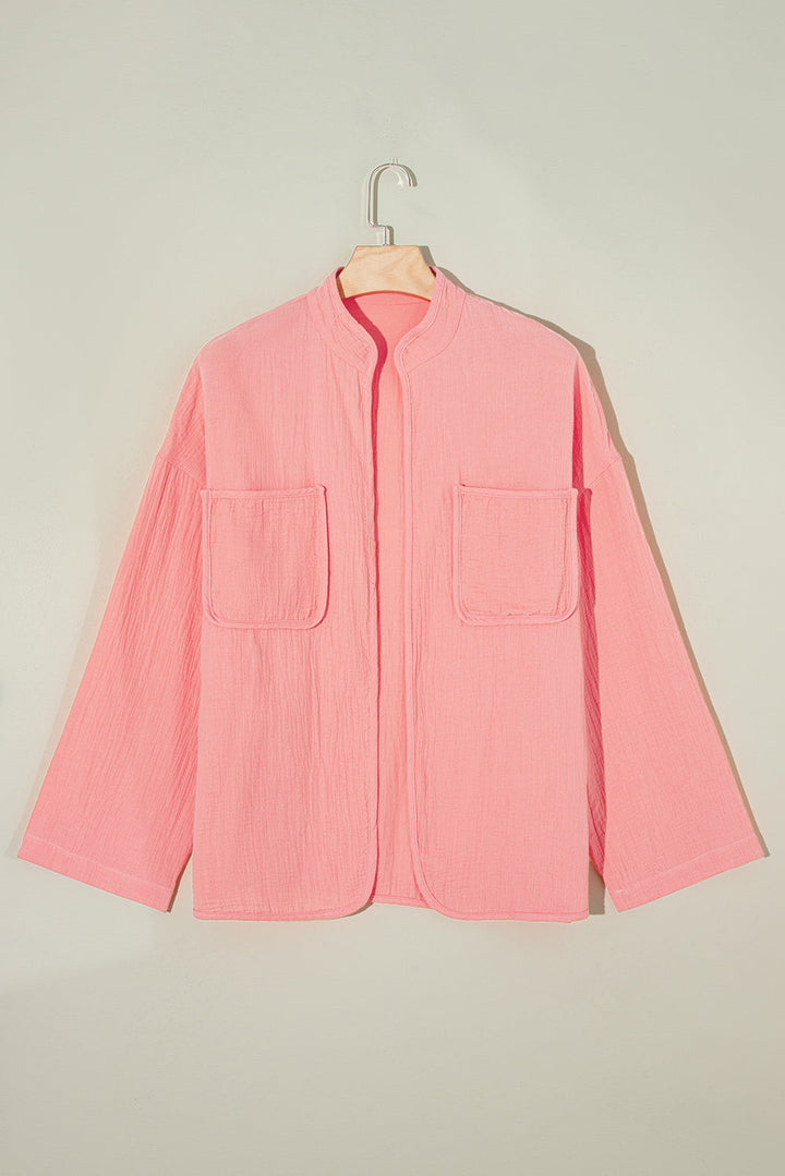 Plus Size Solid Color Chest Pockets Crinkled Blouse