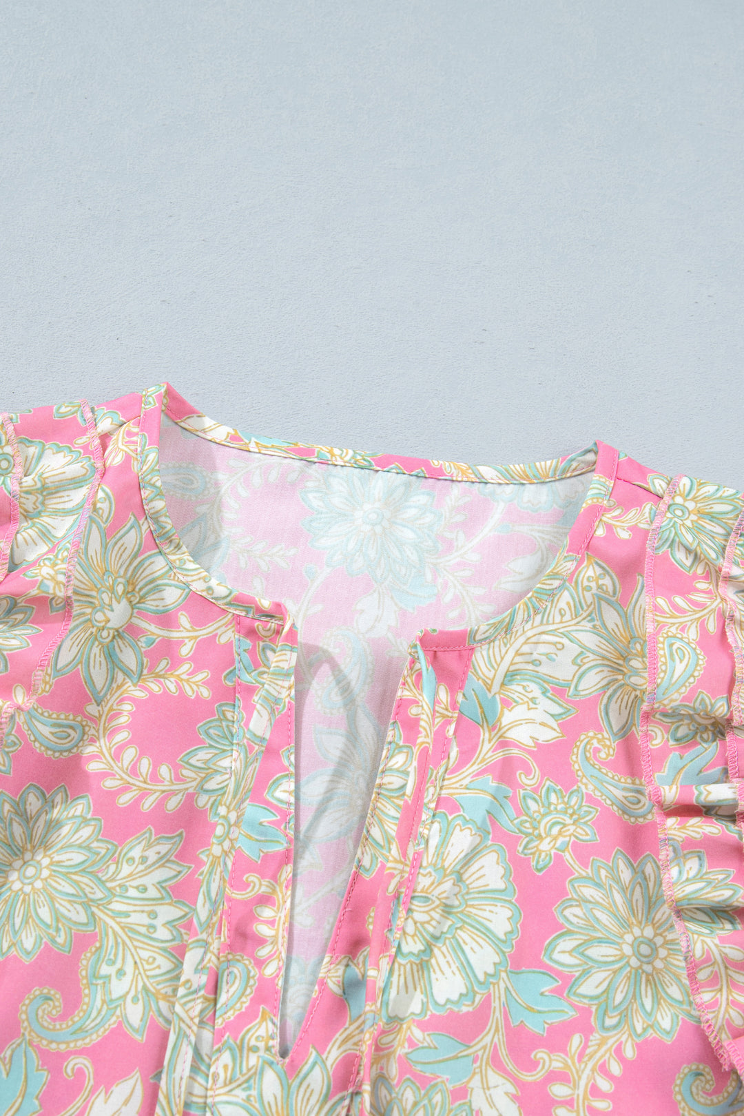 Pink Tie V Neck Floral Short Puff Sleeve Blouse