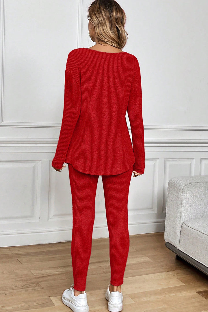 Racing Red Ribbed Notched Neck Knit Long Sleeve Leggings Two Pieces Lounge Set