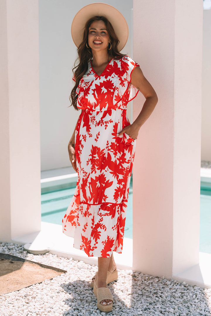 Floral Print Trimmed V Neck Ruffle Sleeve Long Dress