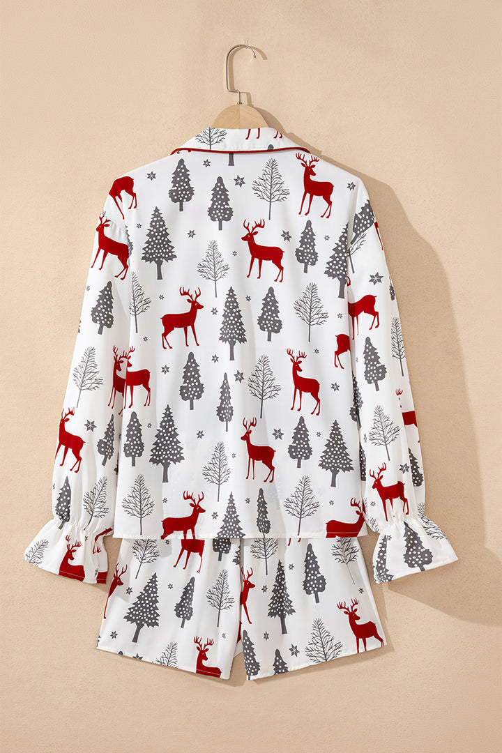 White Christmas Fashion Print Velvet Trim Bow Knot Pajama 2pcs Short Set