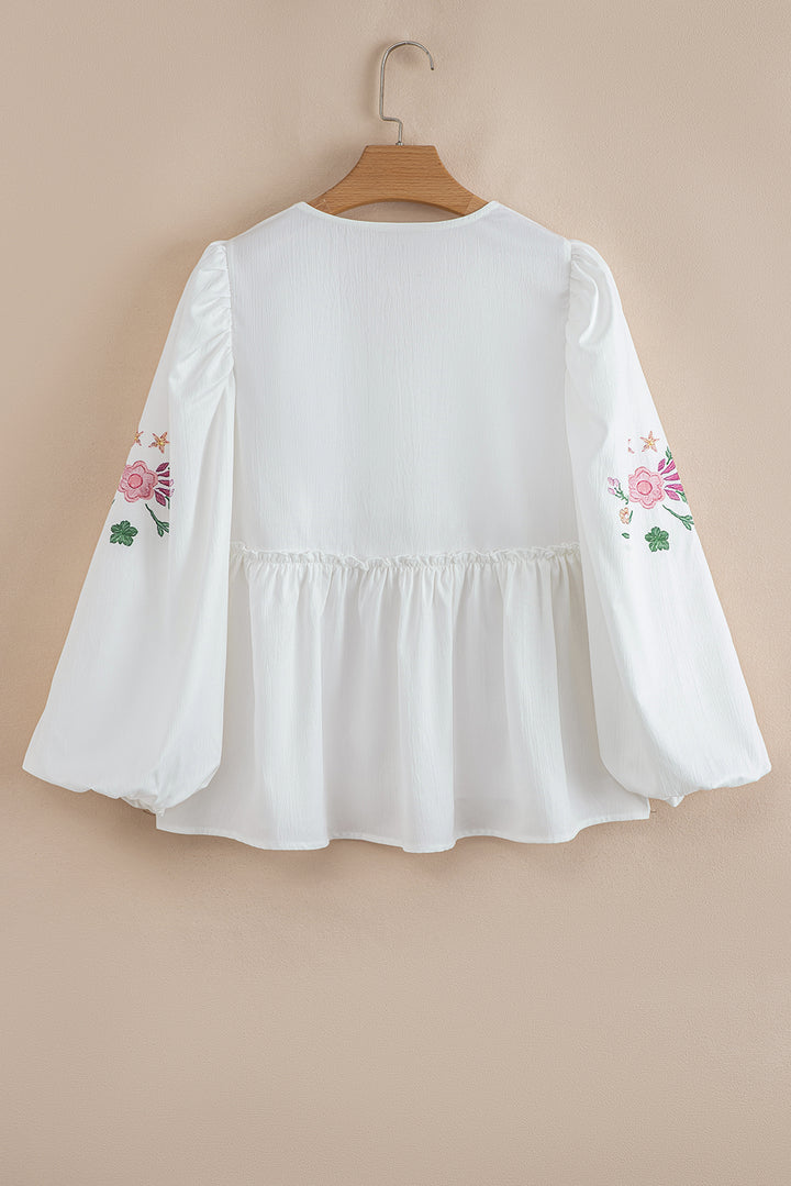 Flower Print Lace-up V Neck Babydoll Blouse
