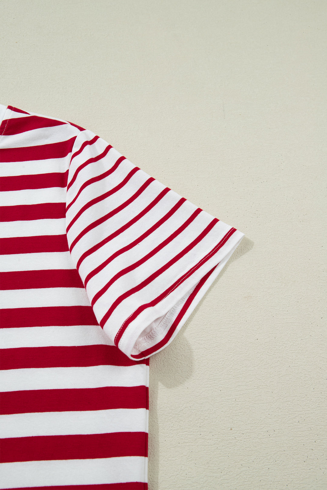 Red Stripe Patchwork Round Neck Short Sleeve T Shirt