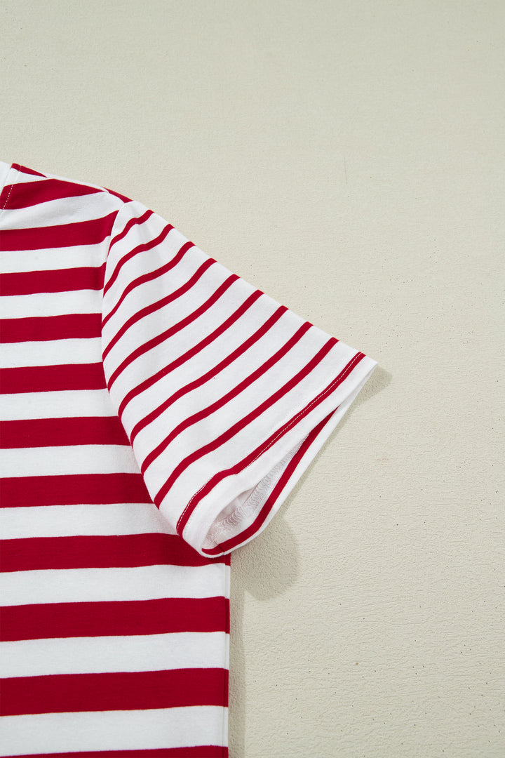 Red Stripe Patchwork Round Neck Short Sleeve T Shirt