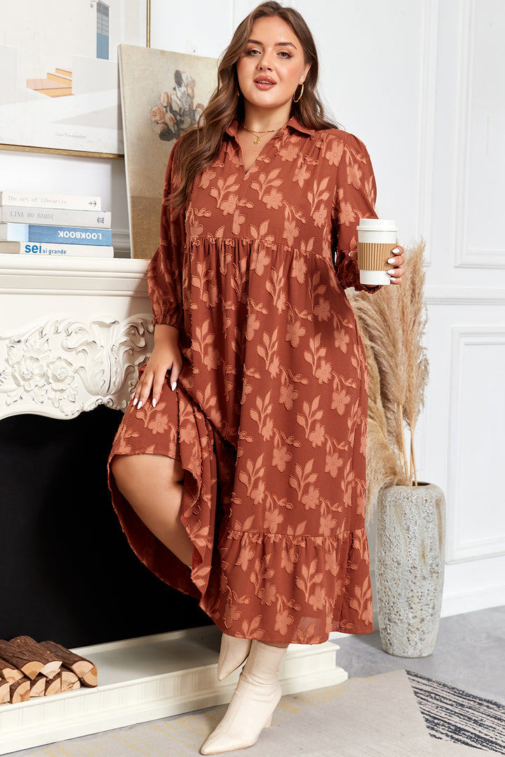 Cinnamon Plus Size Textured 3D Flower Pattern Ruffle Hem Long Dress