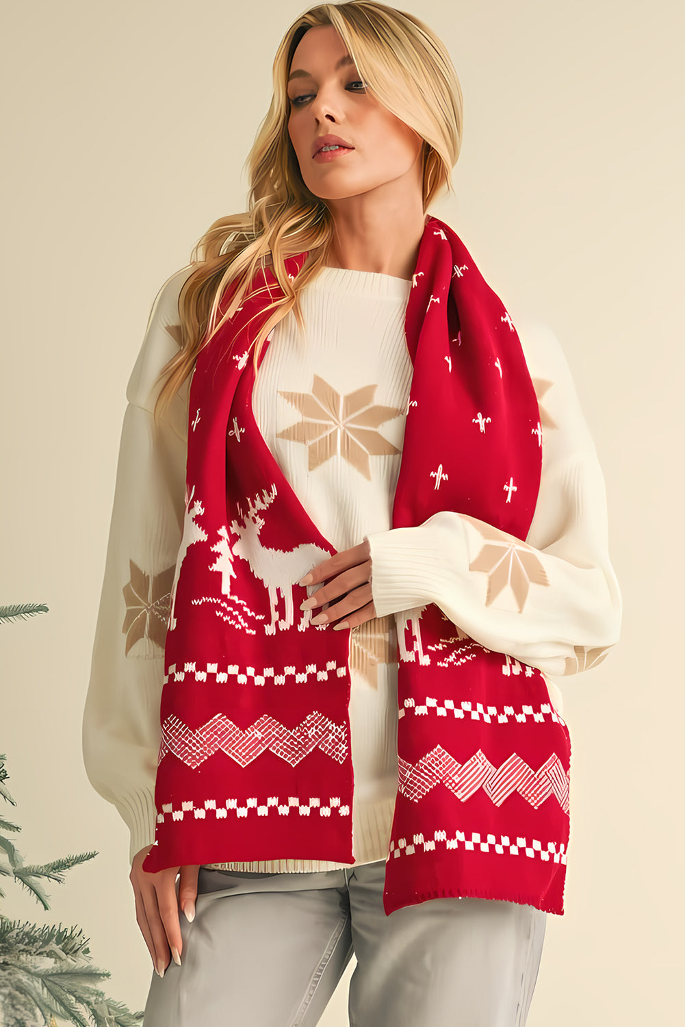 Elk Christmas Tree Print Knitted Scarf