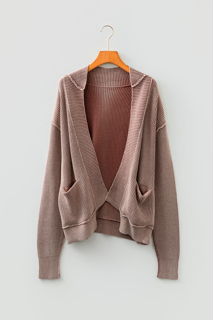 Chestnut Mineral Wash Exposed Seam Patchwork Knit Open Sweater Cardigan