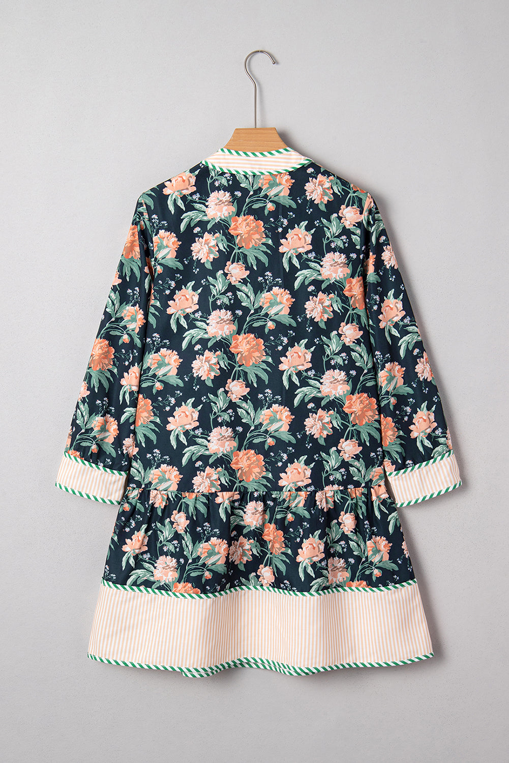 Floral Print Striped Trim V Neck Long Sleeve Ruffle Hem Shift Mini Dress