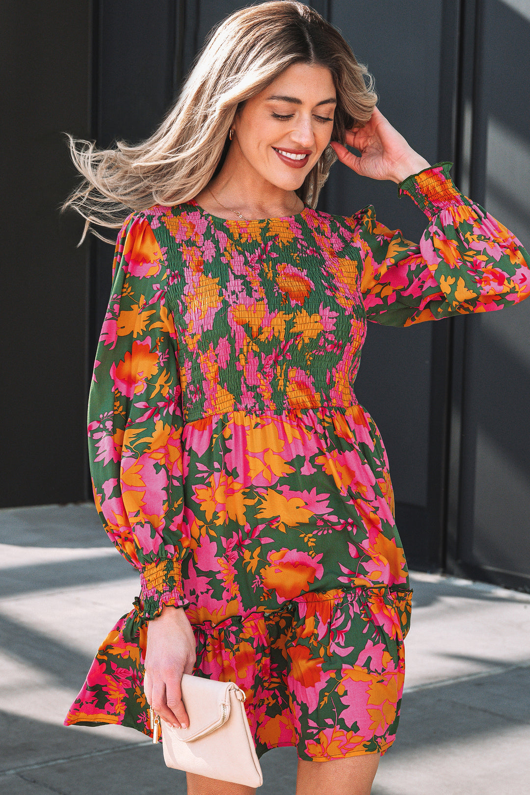Floral Print Long Sleeve Smocked Ruffled Mini Dress