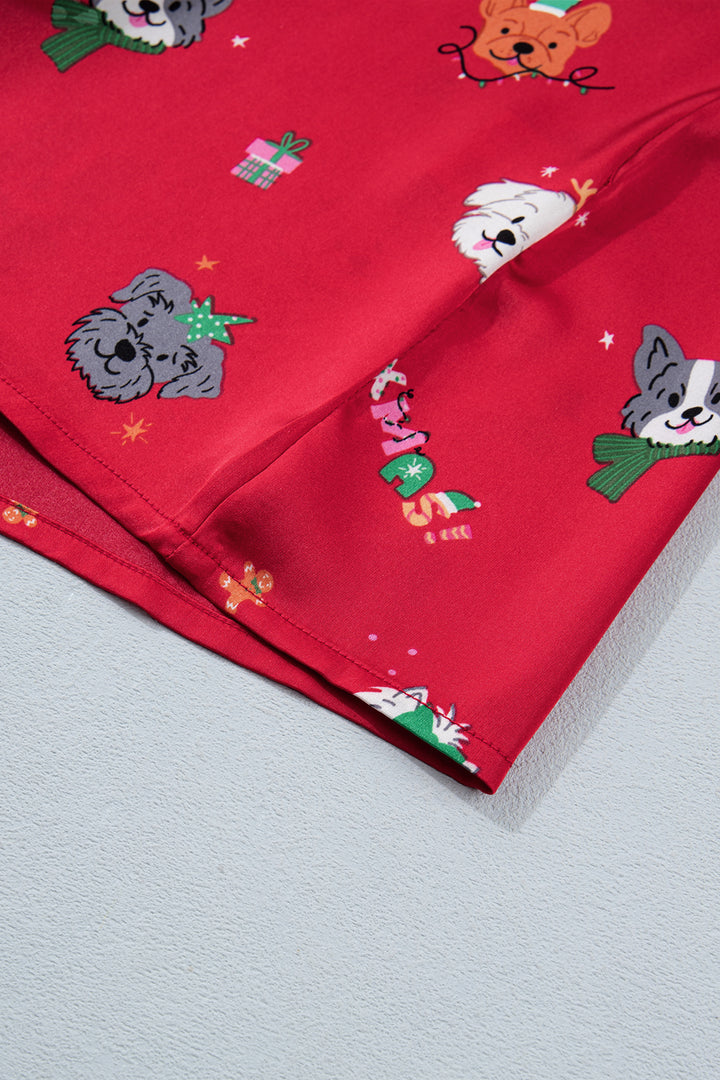 Racing Red Festive Dog Print Short Sleeve Two Piece Lounge Set