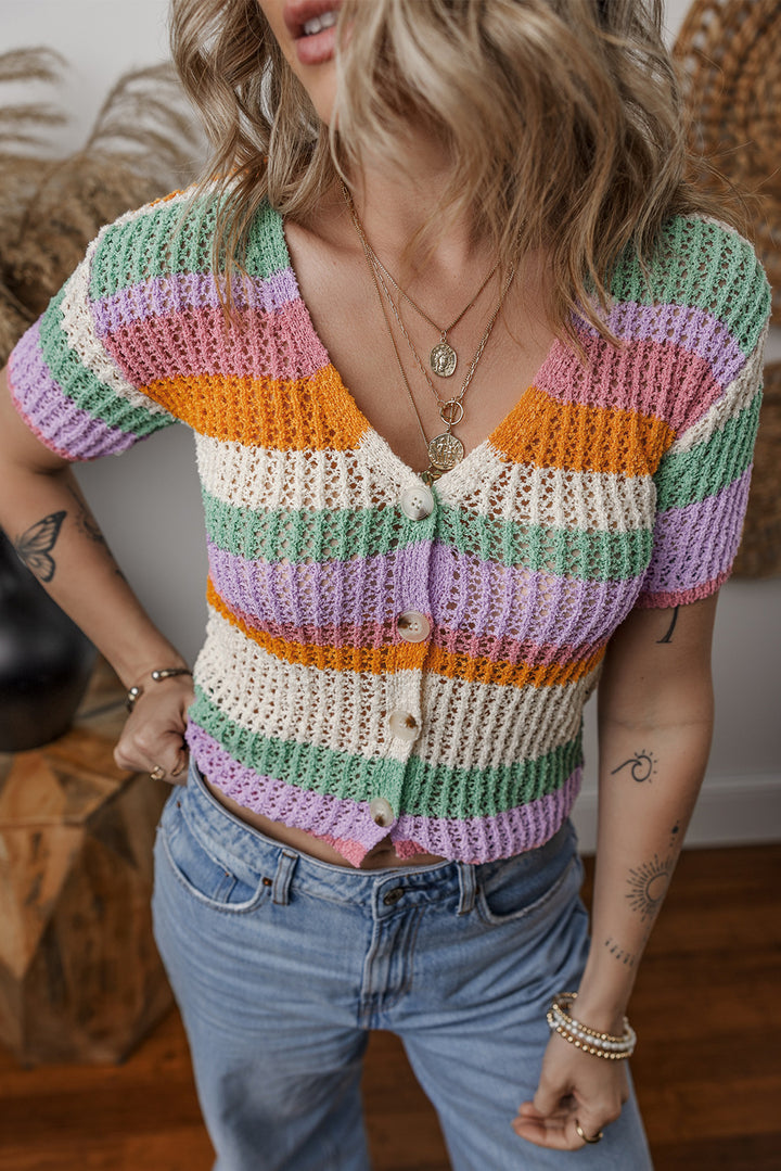 Colorblock Striped Pointelle Knit V Neck Buttoned Crop Short Sleeve Sweater