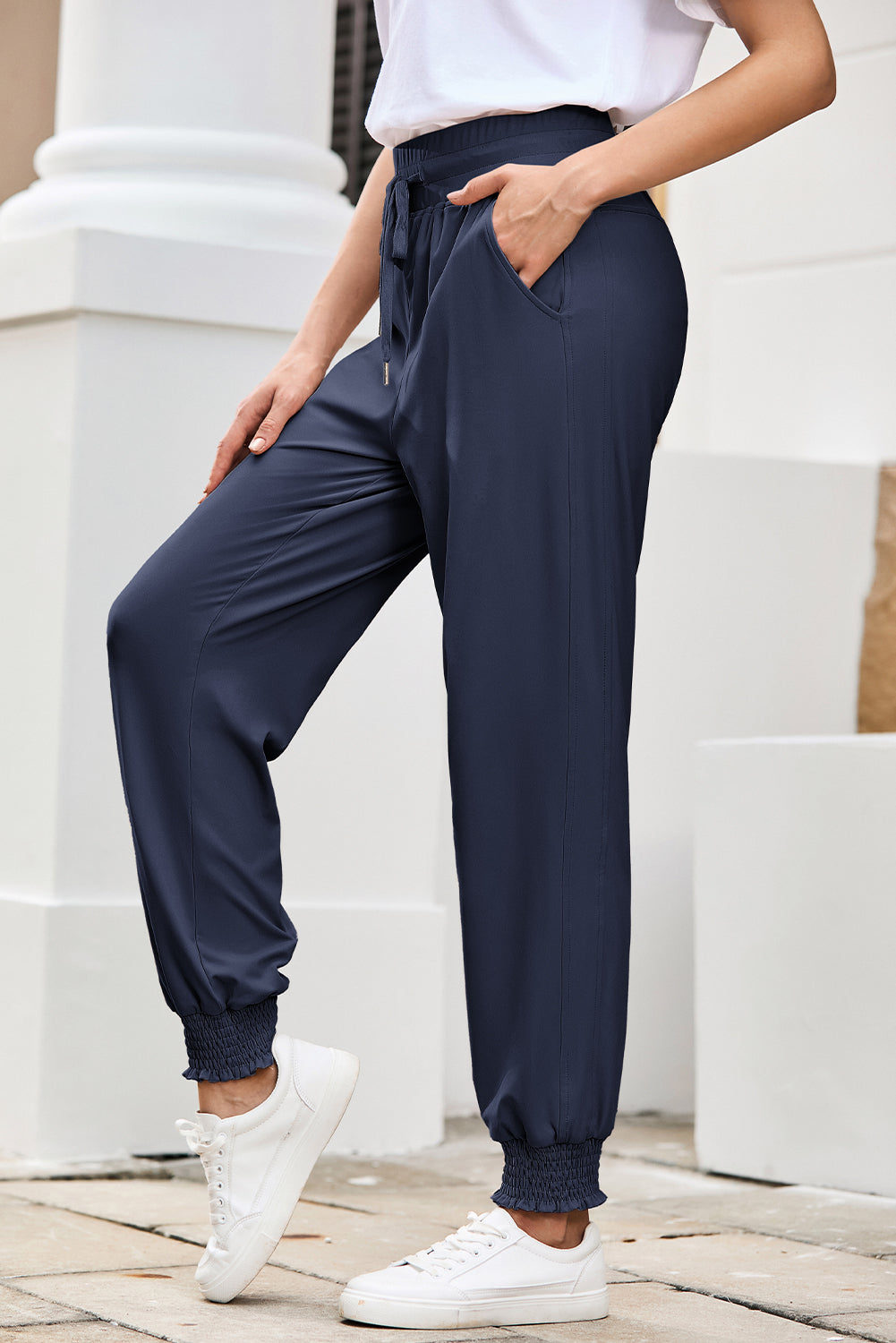 Navy Blue Drawstring Elastic Waist Smocked Jogger Pants