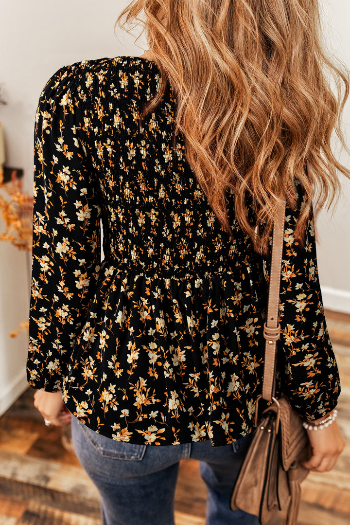 Black Boho Floral Smocked Bust Ruffled Peplum Blouse