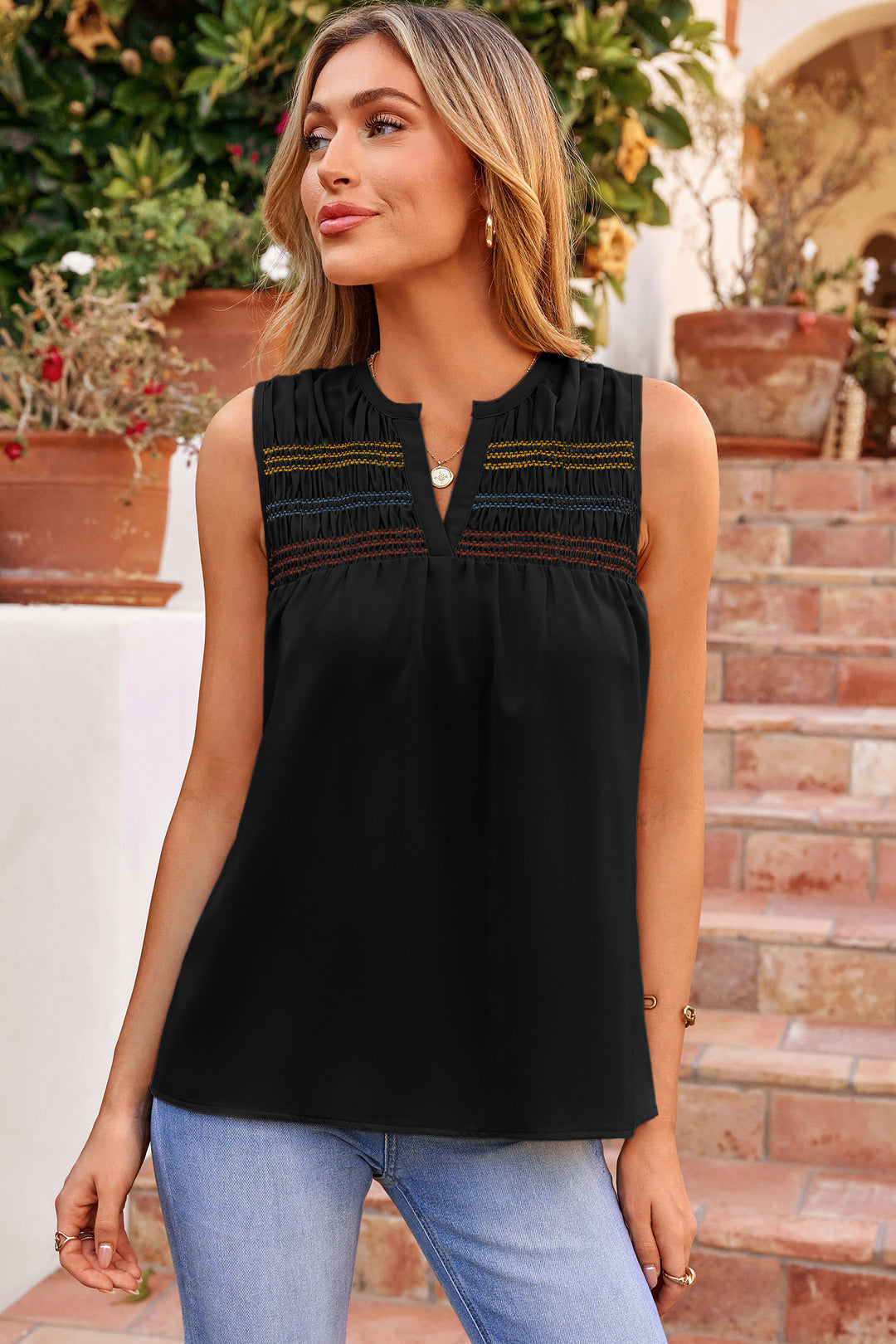 Black Shirred Contrast Stitch V Neck Sleeveless Shift Top