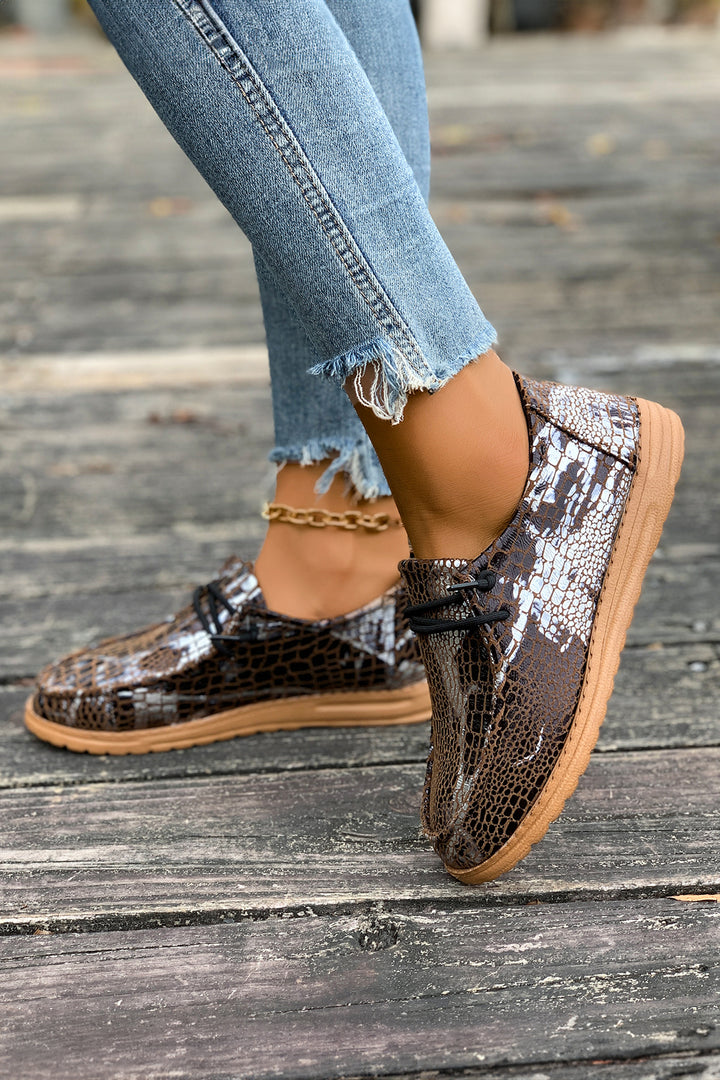 Sleek Snake Skin Print Lace-up Detail Comfort Loafer Shoes