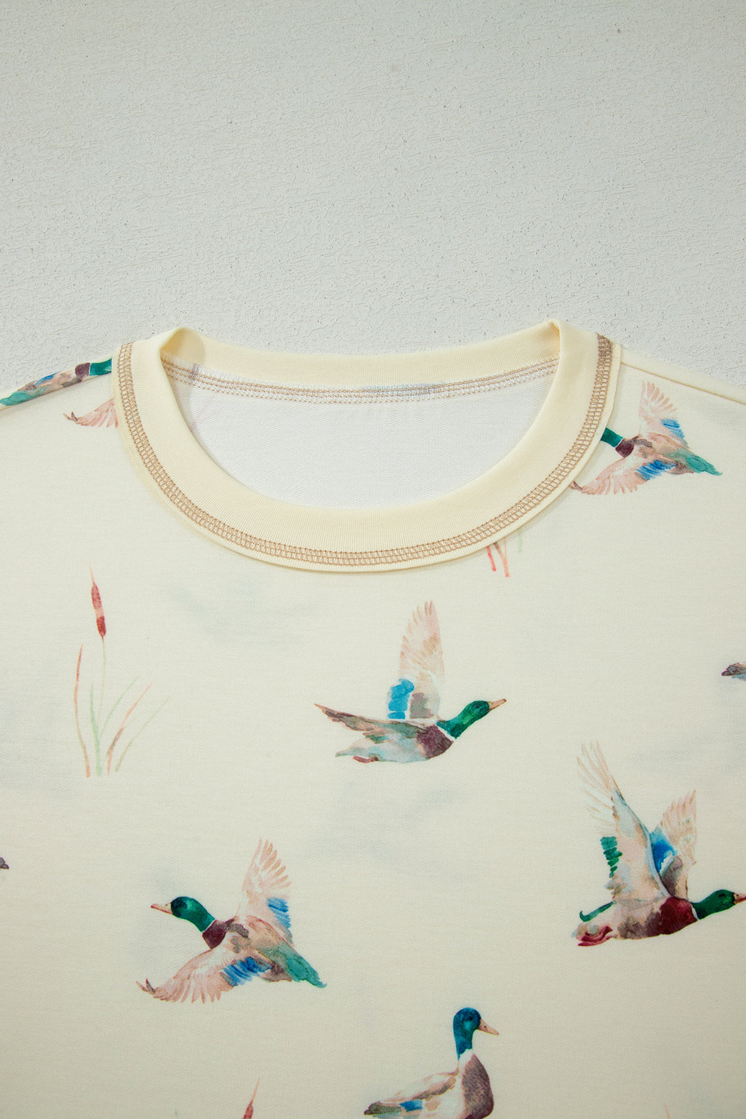 Beige Mallard Duck Print Oversized Tee Drawstring Short Set