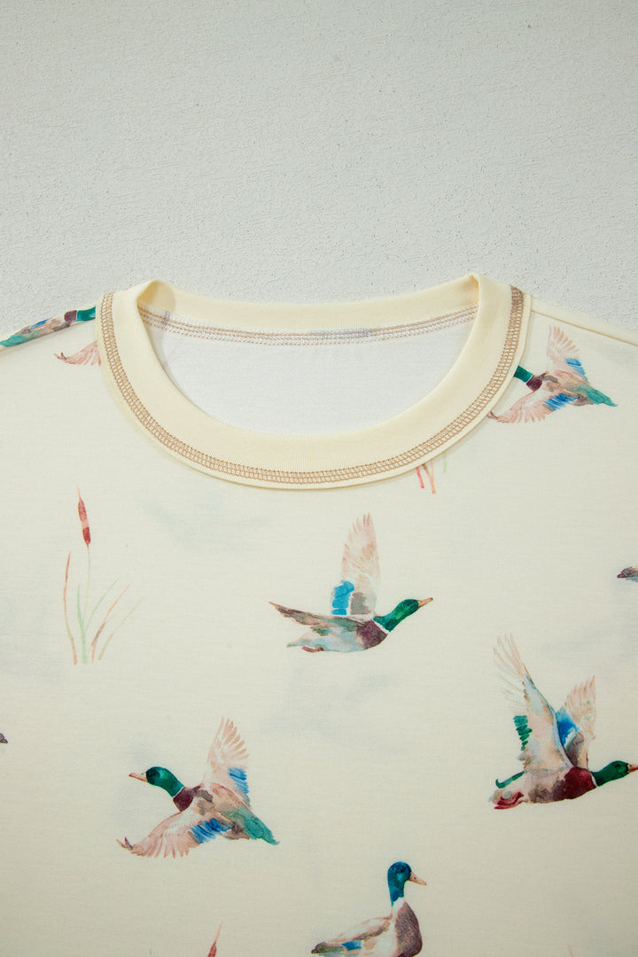 Beige Mallard Duck Print Oversized Tee Drawstring Short Set