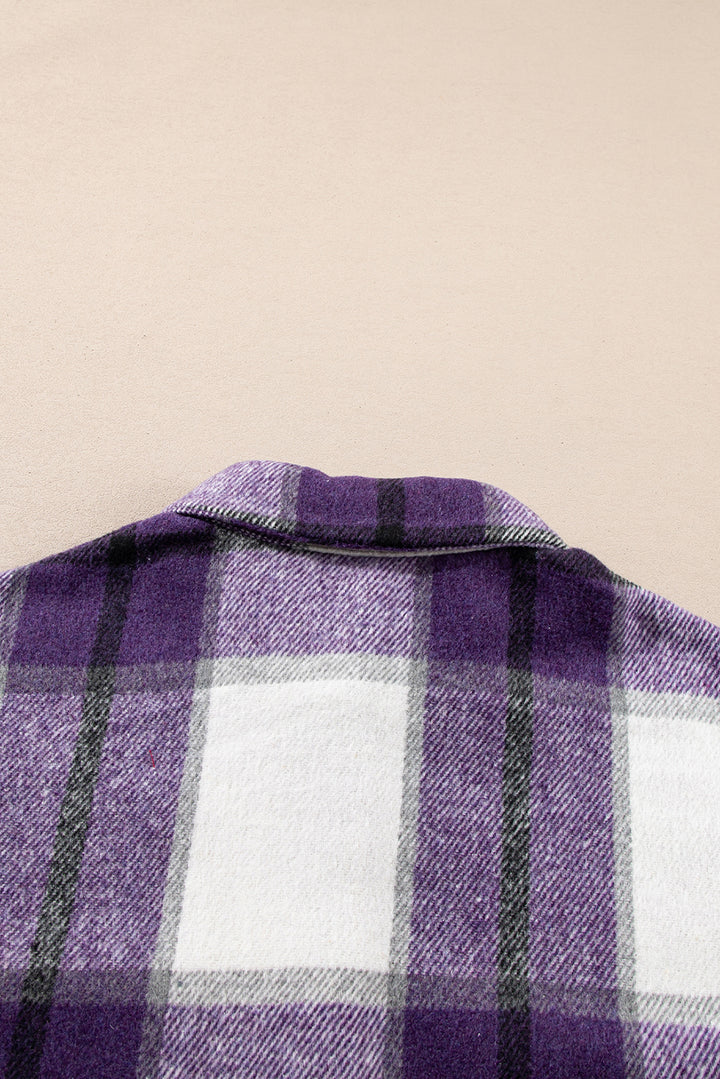 Purple Plaid Color Block Buttoned Long Sleeve Jacket with Pocket