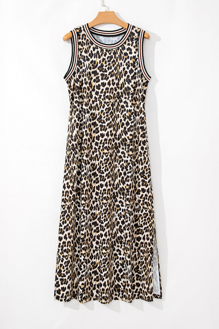 Contrast Striped Trim Leopard Sleeveless Maxi Dress