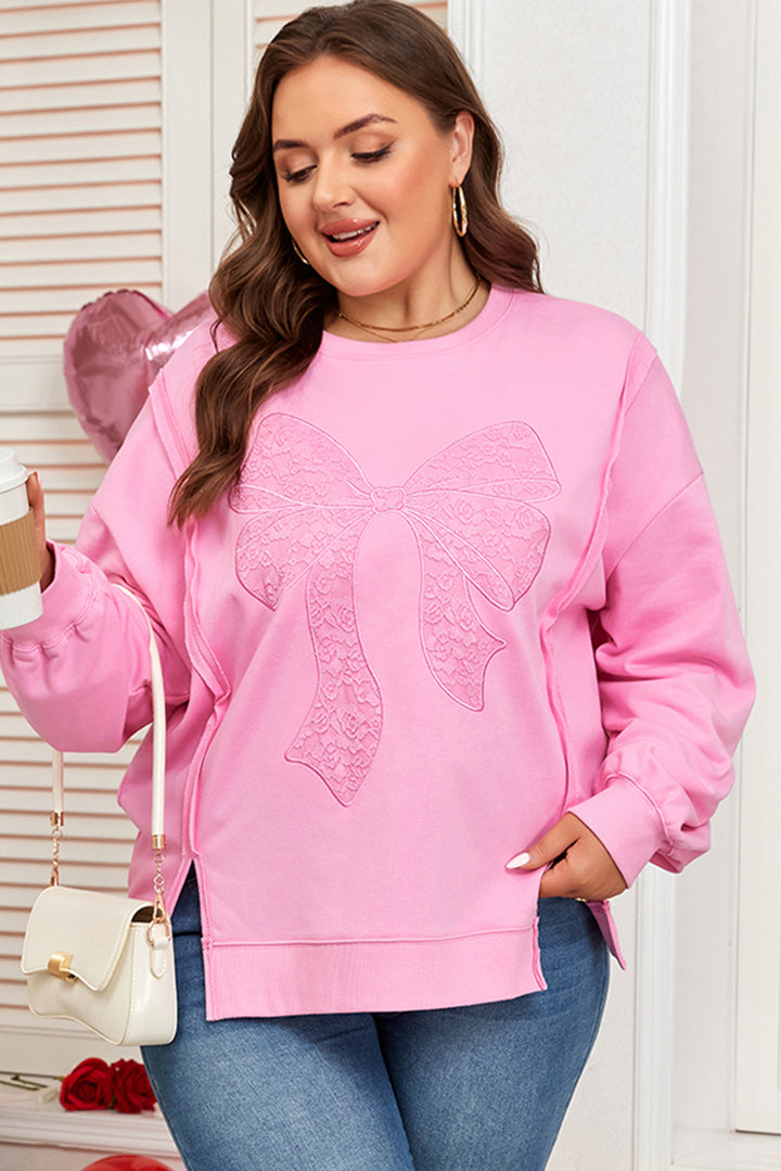 Pink Big Bow Lace Embroidered Dolman Sleeve Slit Plus Size Sweatshirt