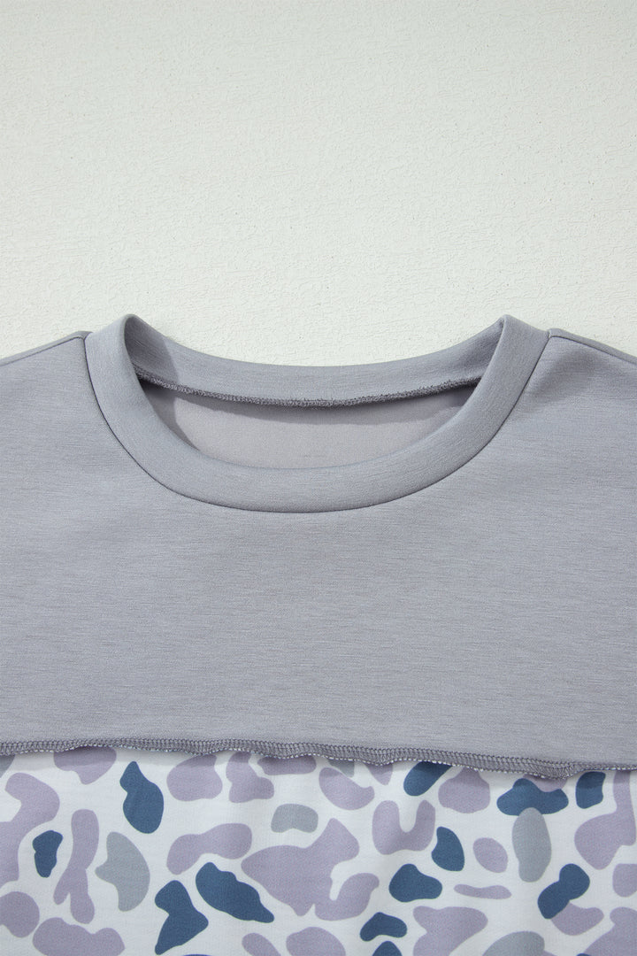 Gray Raw Seam Color Block Camouflage Patchwork Casual Tee