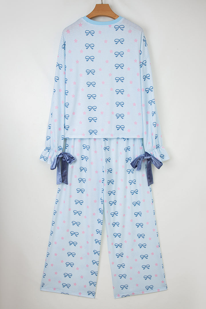 Sky Blue Stripe Bow Star Print Tied Detail 2pcs Lounge Set