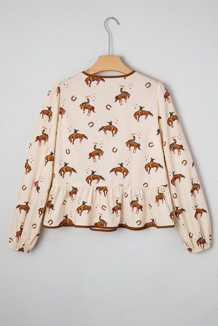 Apricot Western Rodeo Print Tied Front Puff Sleeve Peplum Top