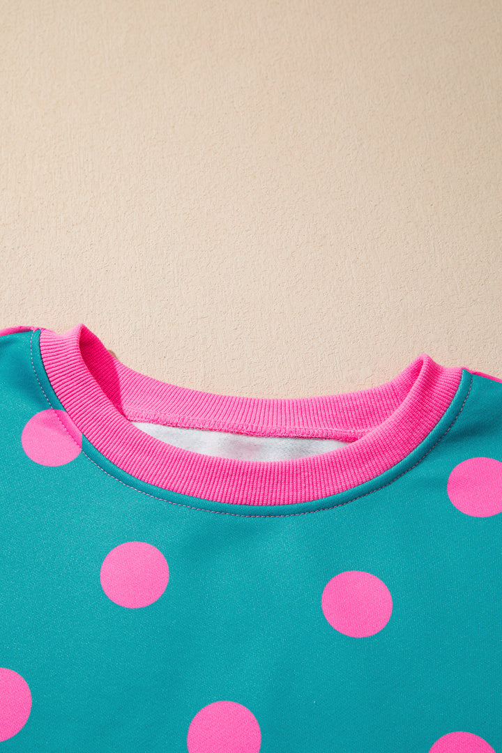 Blue Polka Dot Contrast Patchwork Round Neck Baggy Sweatshirt