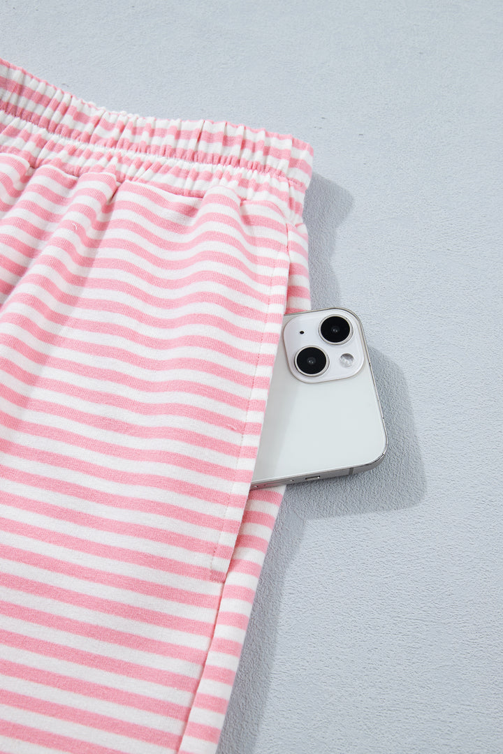 Pink Stripe Cuffed Sleeve Contrast Mock Neck Tee Casual 2pcs Short Set