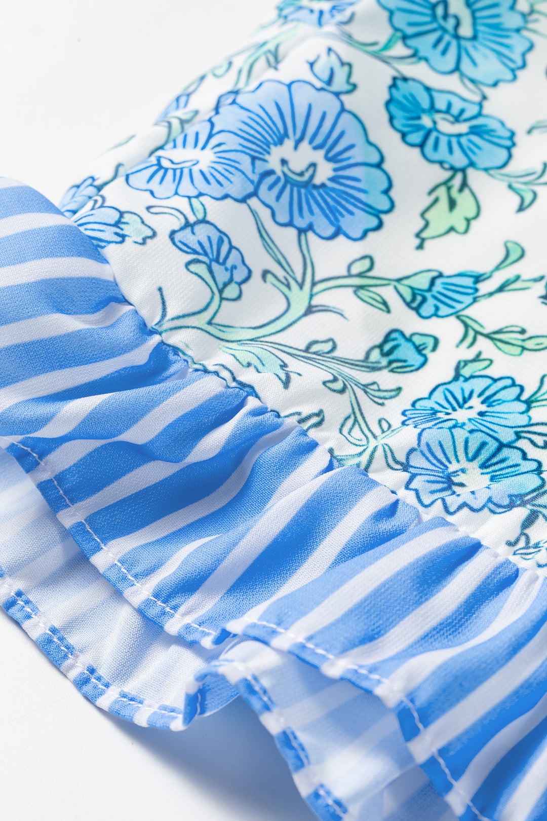 Sky Blue Summer Floral Striped Ruffle Hem Lace Tie Shorts