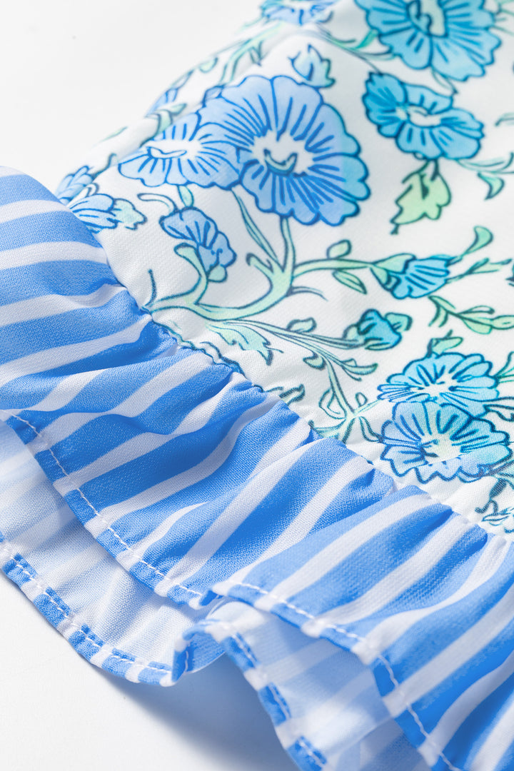 Sky Blue Summer Floral Striped Ruffle Hem Lace Tie Shorts