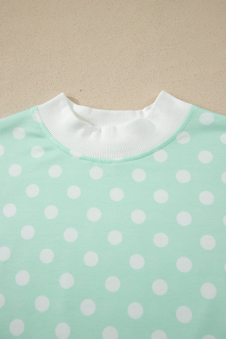 Green Polka Dot Print Color Block Trim Mock Neck Short Set