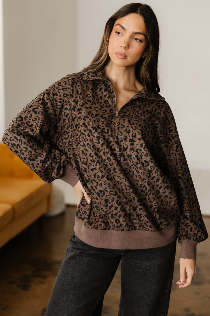 Leopard Print Quarter Zip Corduroy Sweatshirt