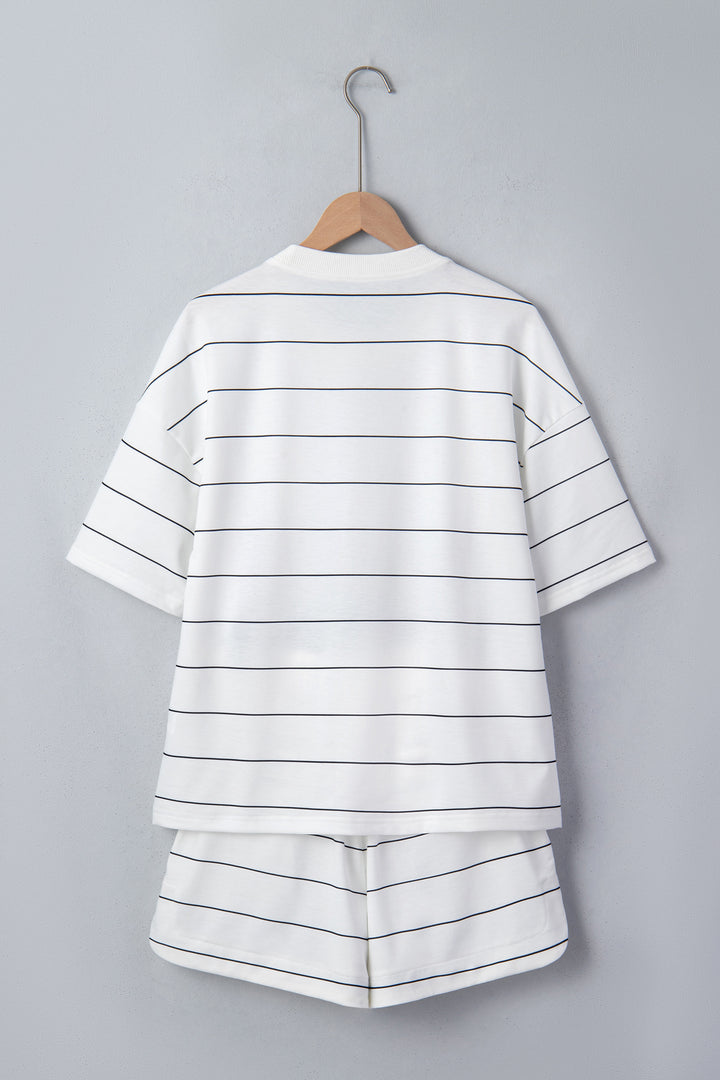 White Stripe Half Sleeve Tee Drawstring Shorts 2pcs Set