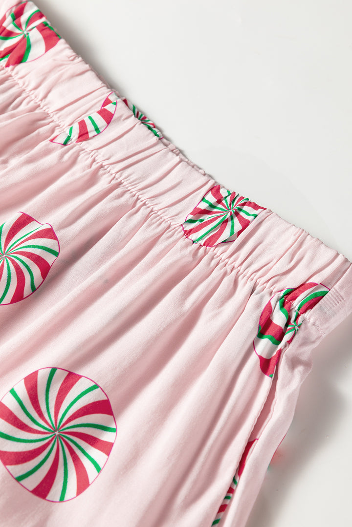 Pink Christmas Candy Contrast Trim Bow Knot Silky 2pcs Pajama Set