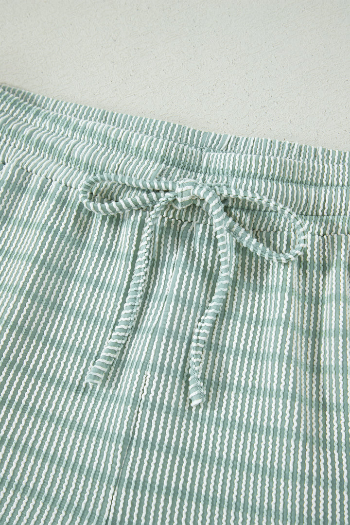 Green Stripe Raised Rib Loose Tee Drawstring Elastic Waist 2pcs Short Set