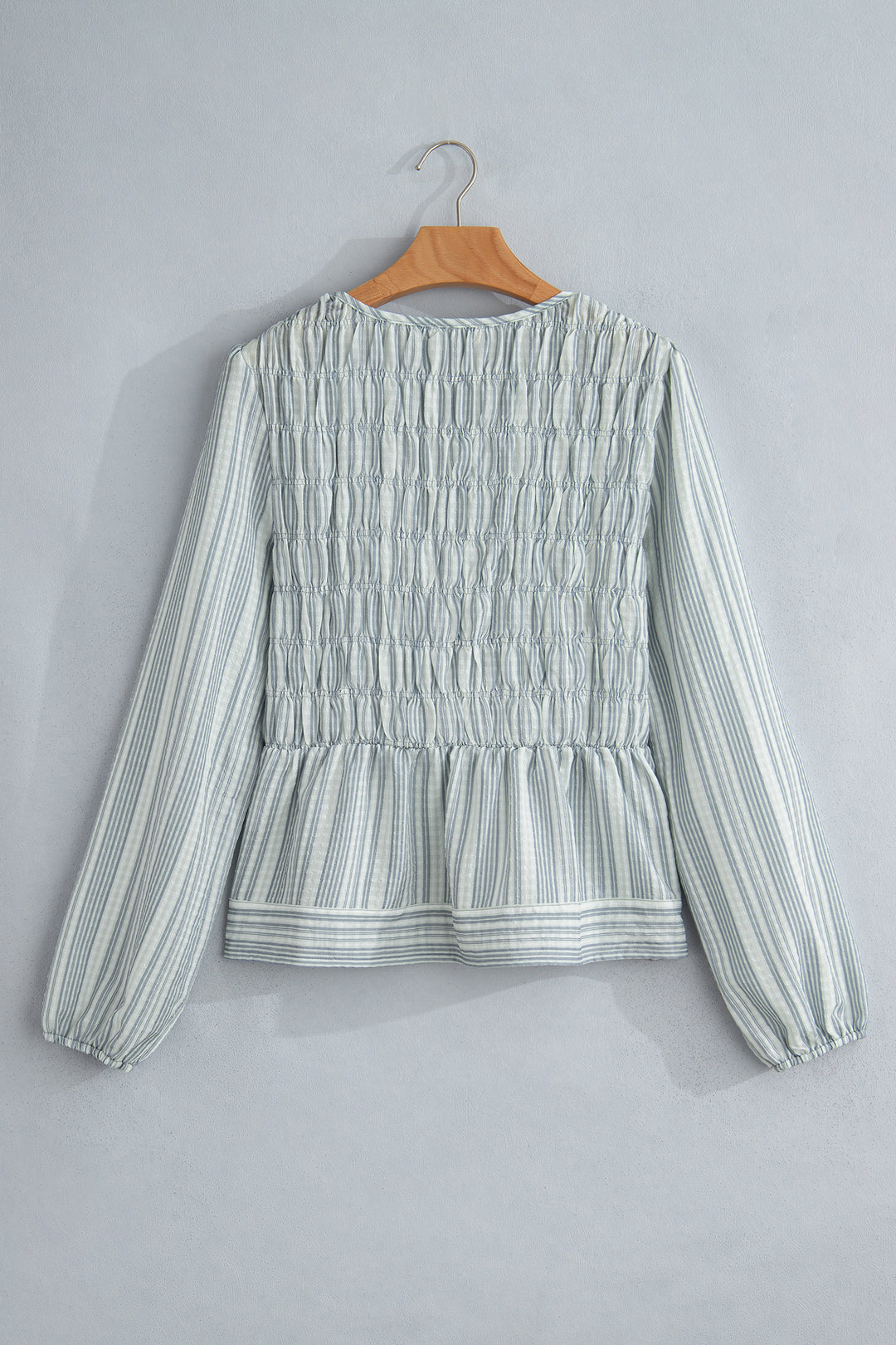 Blue Stripe V Neck Shirred Long Sleeve Blouse