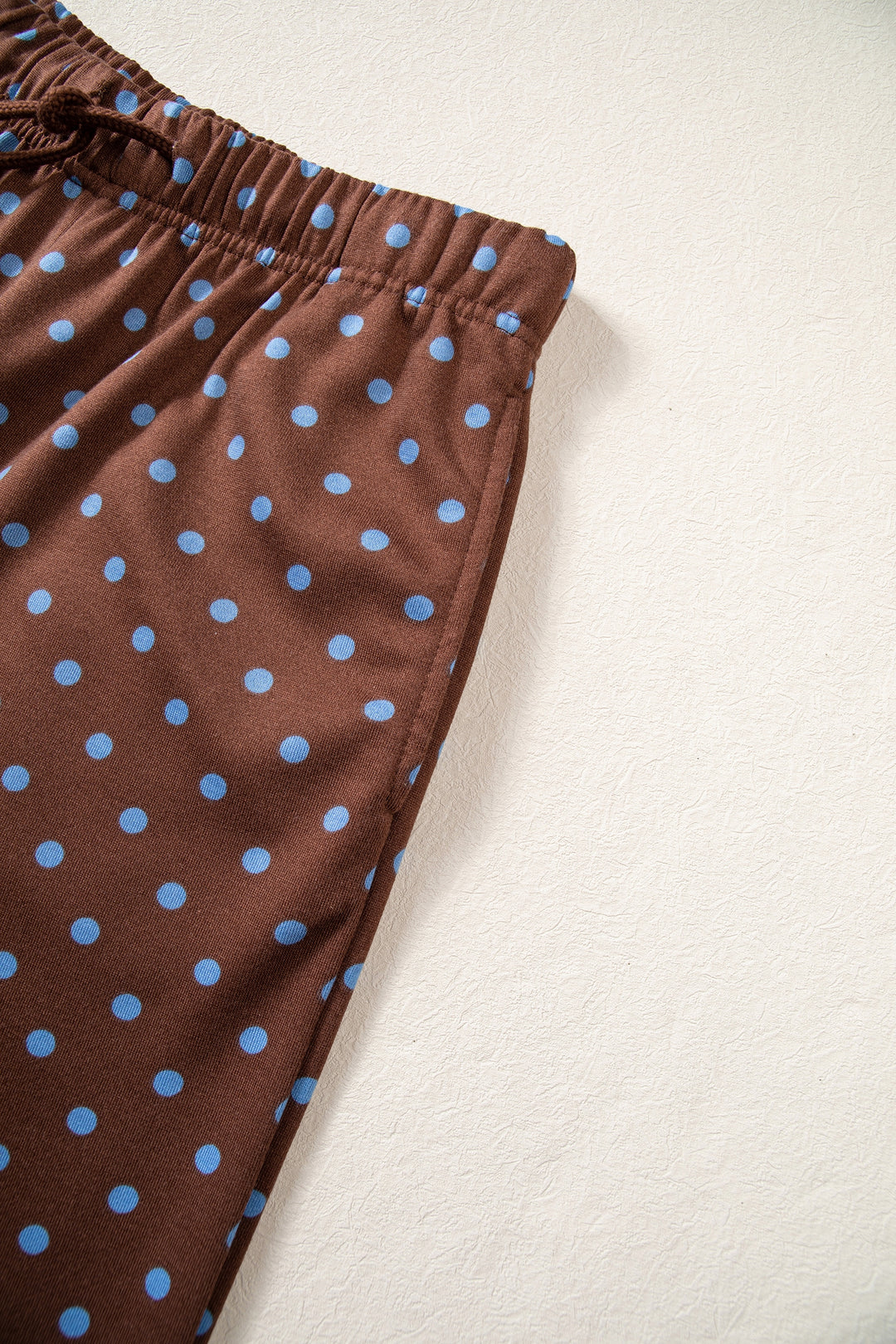 Brown Polka Dot Drawstring Wide Leg Long Sleeve Top Pant Set