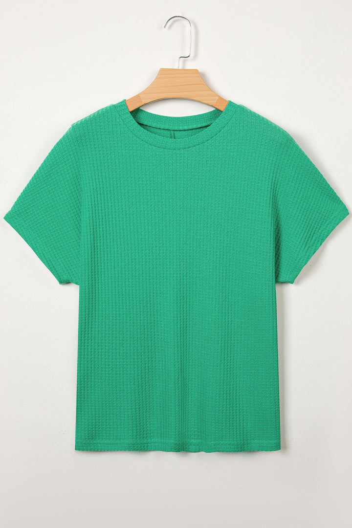 Sea Green Waffle Textured Knit Dolman Short Sleeve Loose Top