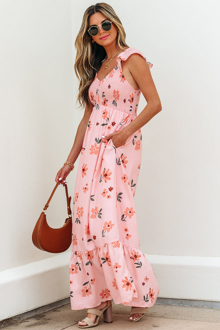 floral v neck smocked high waist ruffle hem long dress