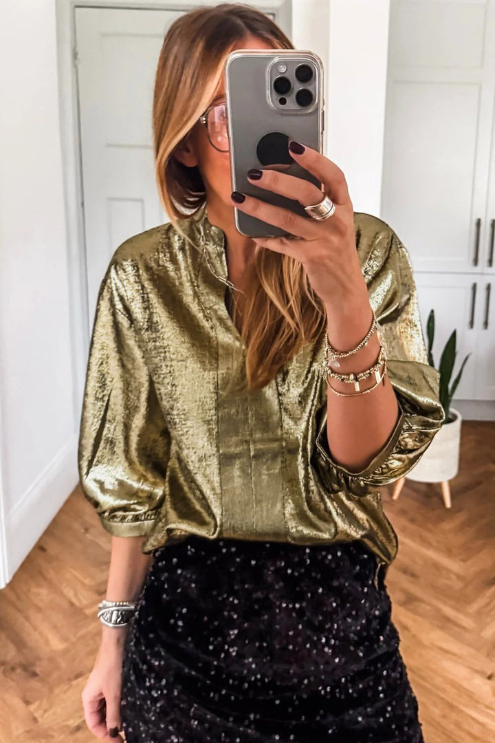 Metallic Split Neck Half Sleeve Blouse