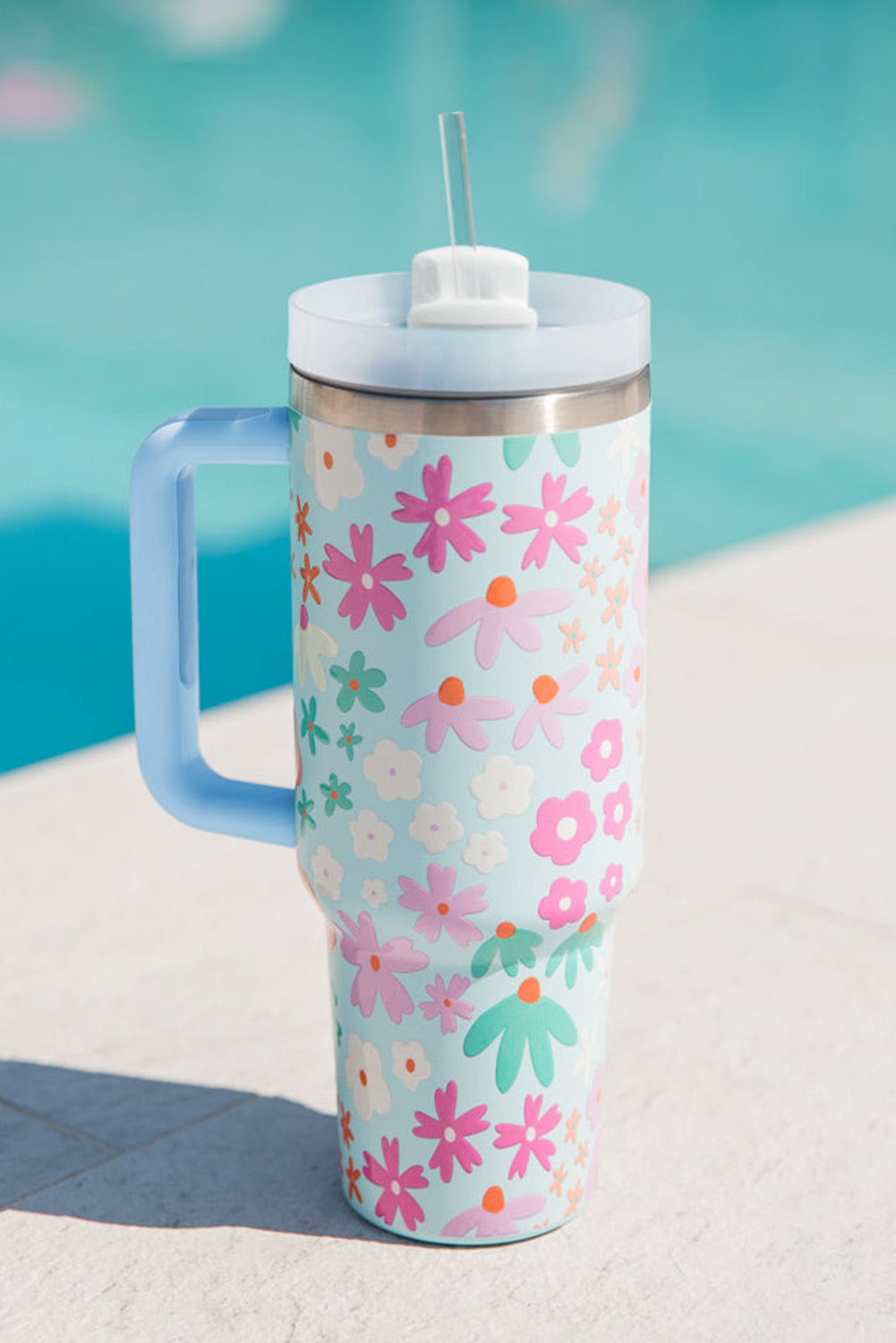 Tasse à anse avec motif floral mignon et paille 40 oz