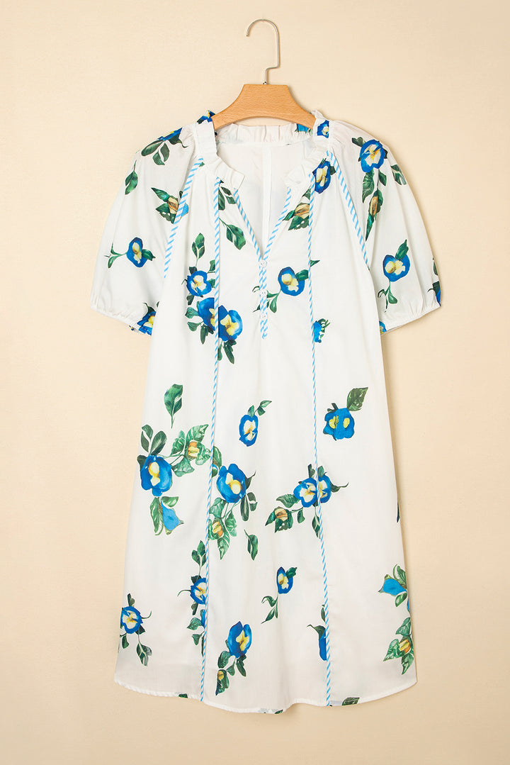White Plus Size Floral Contrast Tie V Neck Dress