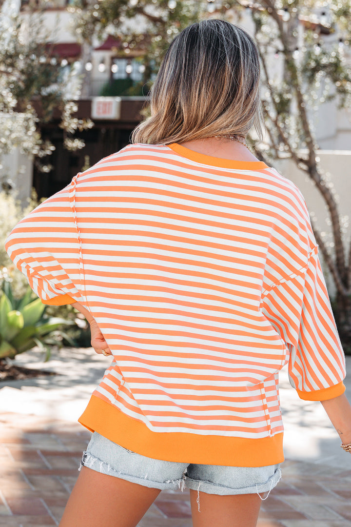 3/4 Sleeve Exposed Seam Patchwork Pullover Top